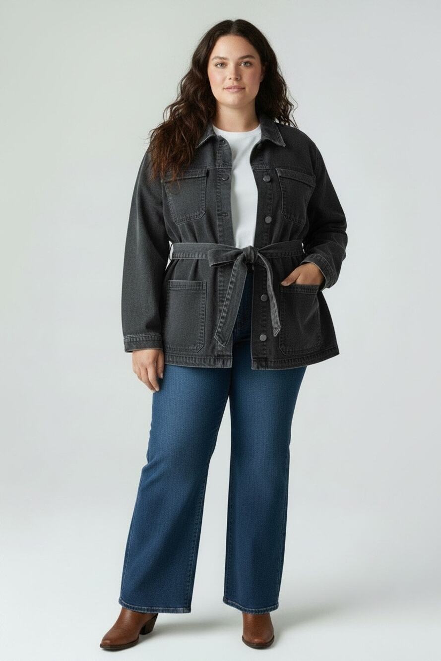 Gibson Latimer Sz XL Black Denim Belted Chore Jacket Utility Sqaure Pockets